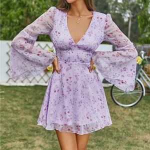 Purple Floral Plunging Neck Flounce Sleeve Dress